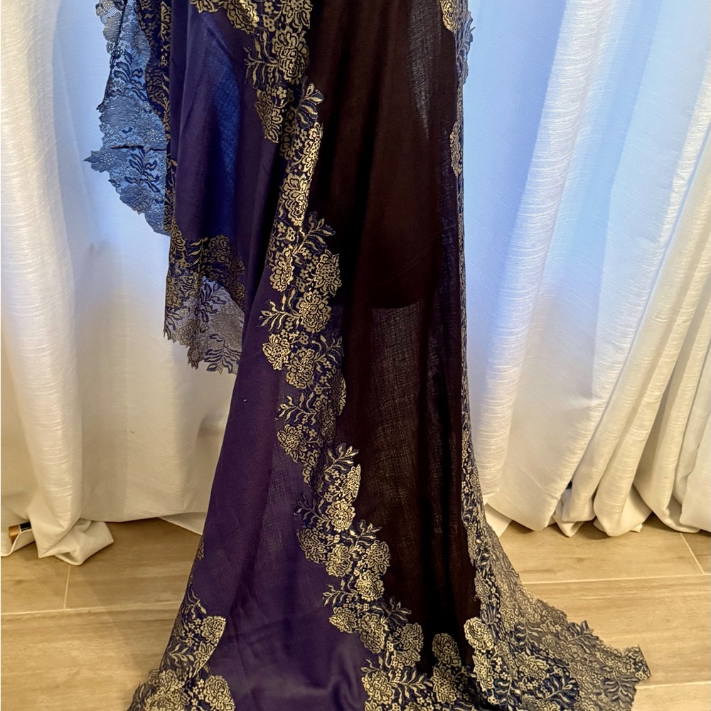 Brand new navy and black cashmere shawl with gold lace trim in Centre and edges